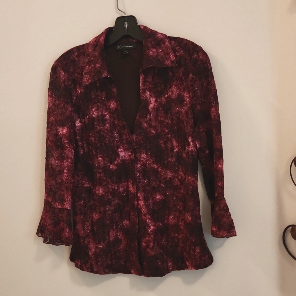 INC Vintage Women's Button Down Blouse Magenta Long Sleeves Large